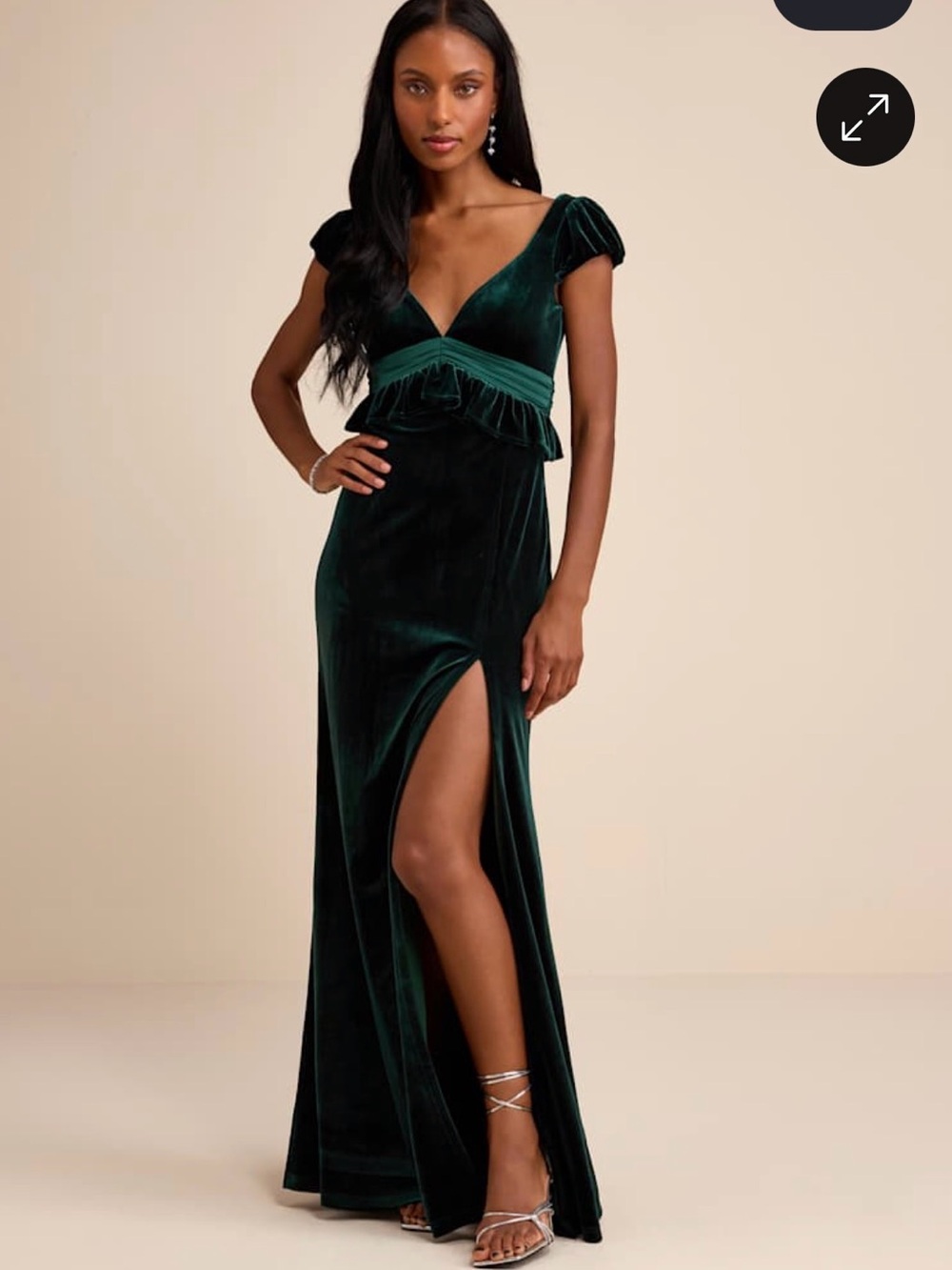Romari Emerald Velvet Ruffled Puff Sleeve Bow Maxi Dress